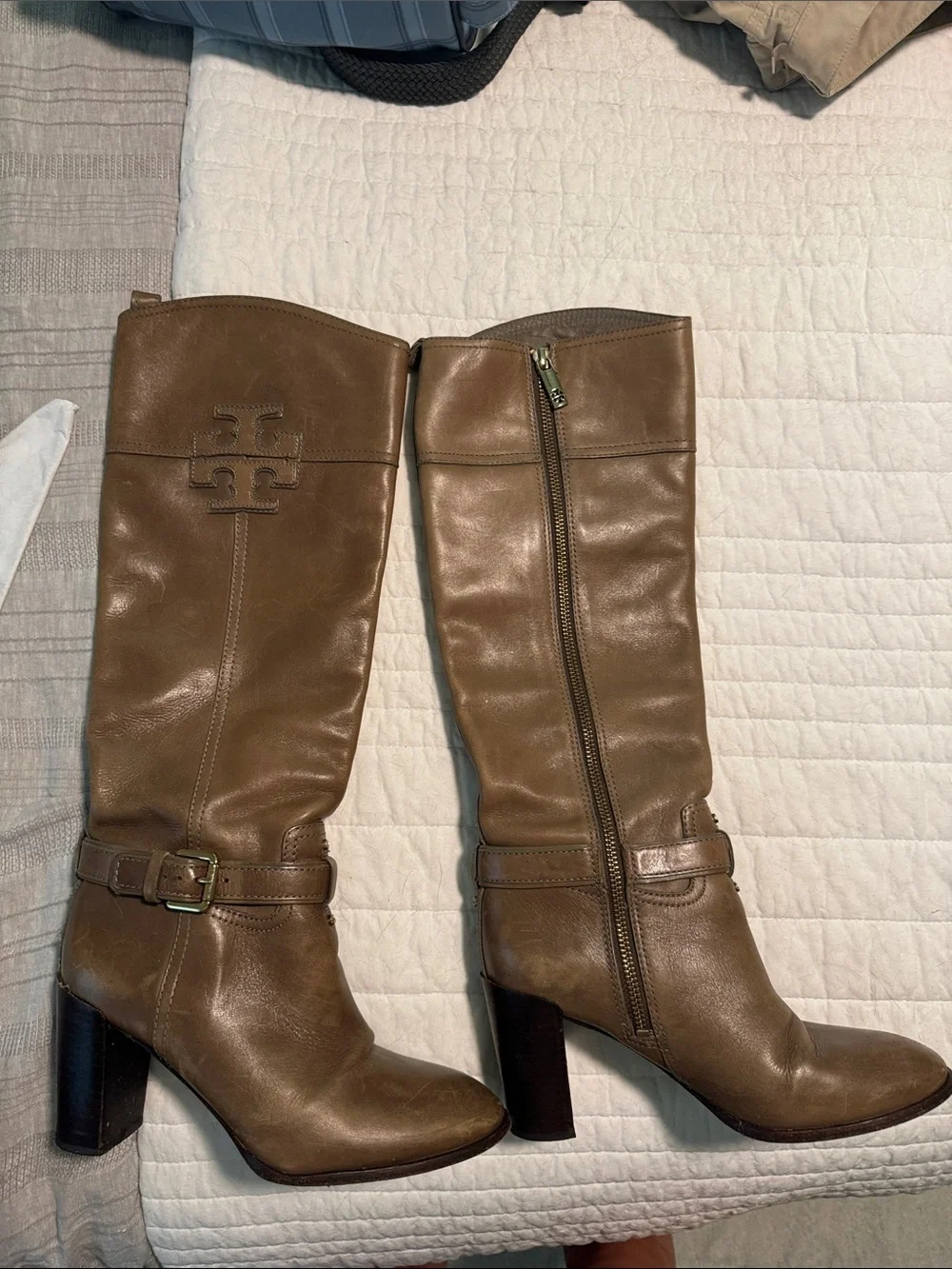 Tory Burch Olive Brown Leather Knee-High Block Heel Boots